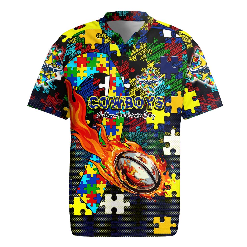 Cowboys Autism Awareness Rugby Jersey Puzzle Flames Rugby Ball