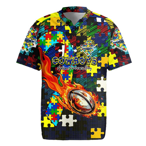 Cowboys Autism Awareness Rugby Jersey Puzzle Flames Rugby Ball