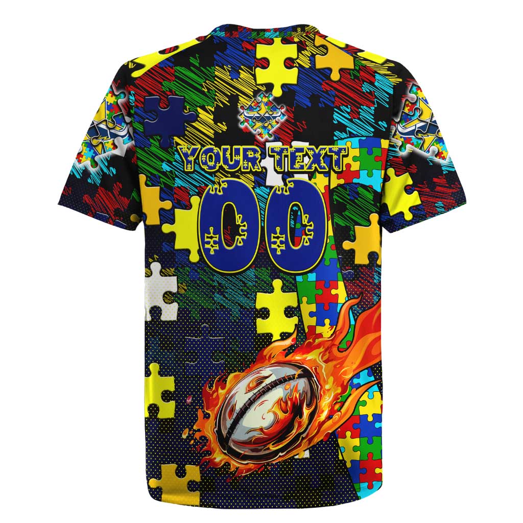 Cowboys Autism Awareness Rugby Jersey Puzzle Flames Rugby Ball