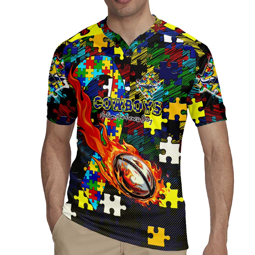Cowboys Autism Awareness Rugby Jersey Puzzle Flames Rugby Ball