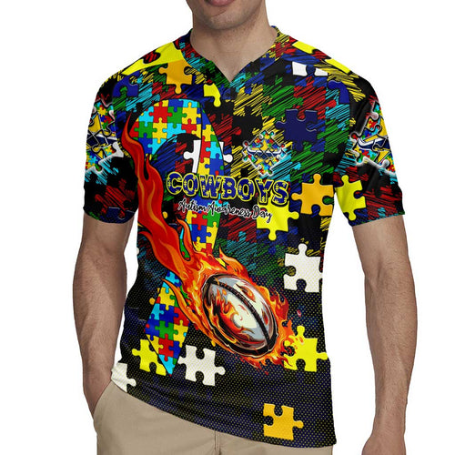 Cowboys Autism Awareness Rugby Jersey Puzzle Flames Rugby Ball