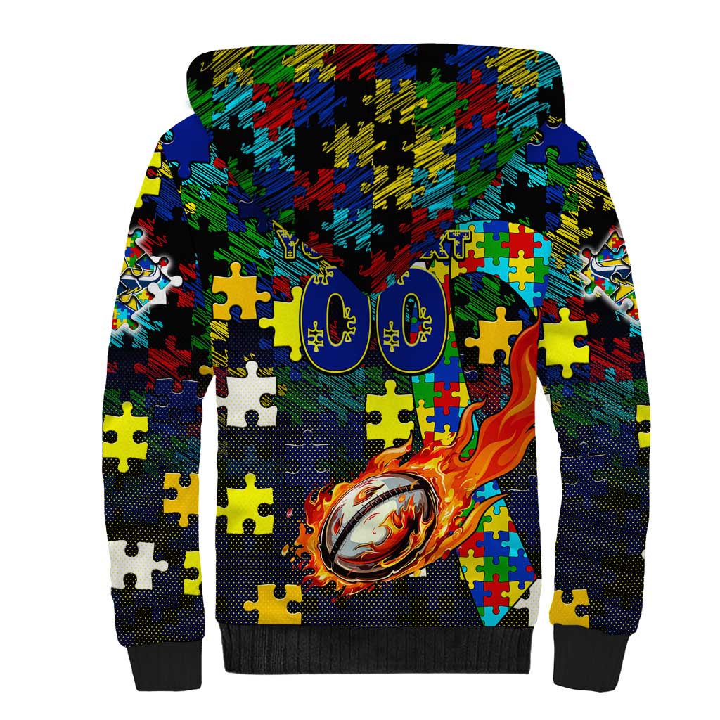 Cowboys Autism Awareness Sherpa Hoodie Puzzle Flames Rugby Ball