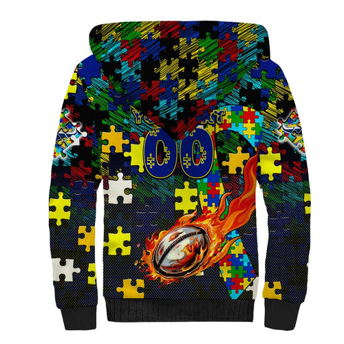 Cowboys Autism Awareness Sherpa Hoodie Puzzle Flames Rugby Ball
