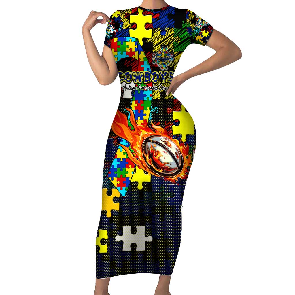 Cowboys Autism Awareness Short Sleeve Bodycon Dress Puzzle Flames Rugby Ball