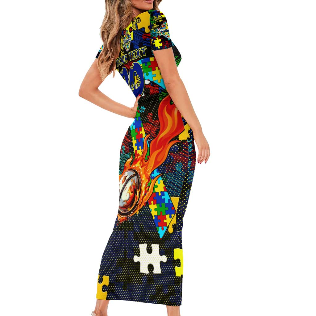 Cowboys Autism Awareness Short Sleeve Bodycon Dress Puzzle Flames Rugby Ball