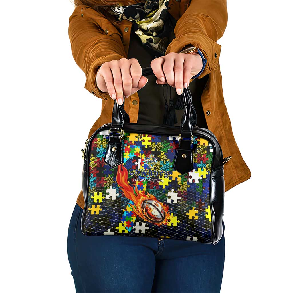 Cowboys Autism Awareness Shoulder Handbag Puzzle Flames Rugby Ball