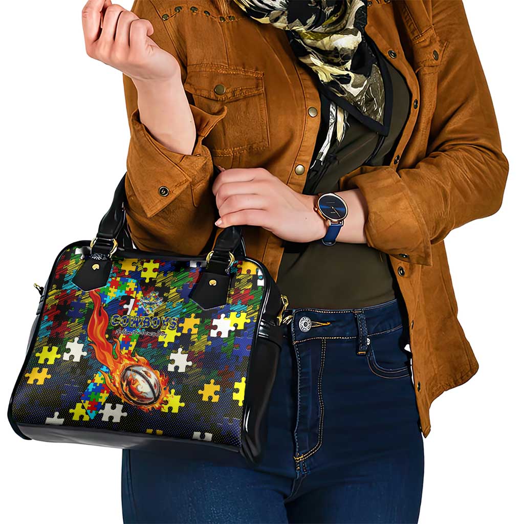 Cowboys Autism Awareness Shoulder Handbag Puzzle Flames Rugby Ball