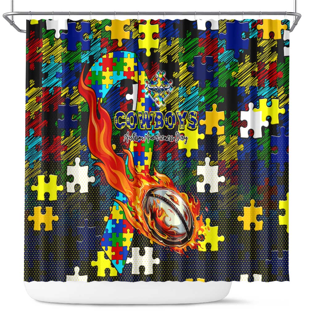 Cowboys Autism Awareness Shower Curtain Puzzle Flames Rugby Ball