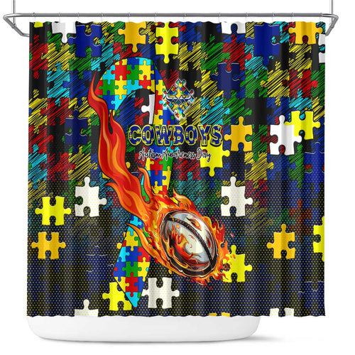 Cowboys Autism Awareness Shower Curtain Puzzle Flames Rugby Ball