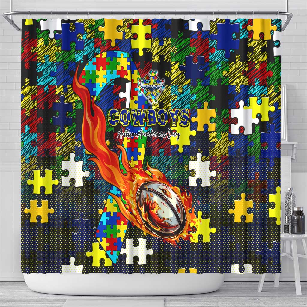 Cowboys Autism Awareness Shower Curtain Puzzle Flames Rugby Ball