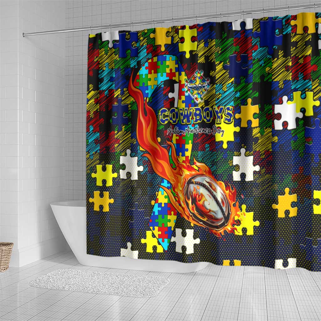 Cowboys Autism Awareness Shower Curtain Puzzle Flames Rugby Ball
