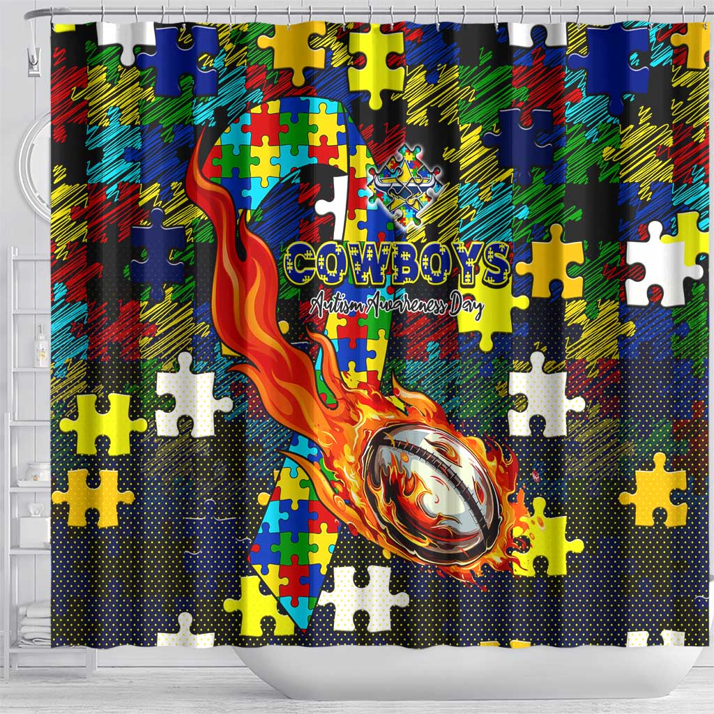 Cowboys Autism Awareness Shower Curtain Puzzle Flames Rugby Ball