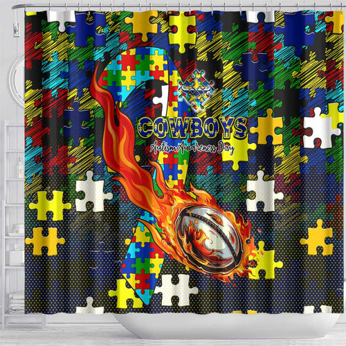 Cowboys Autism Awareness Shower Curtain Puzzle Flames Rugby Ball