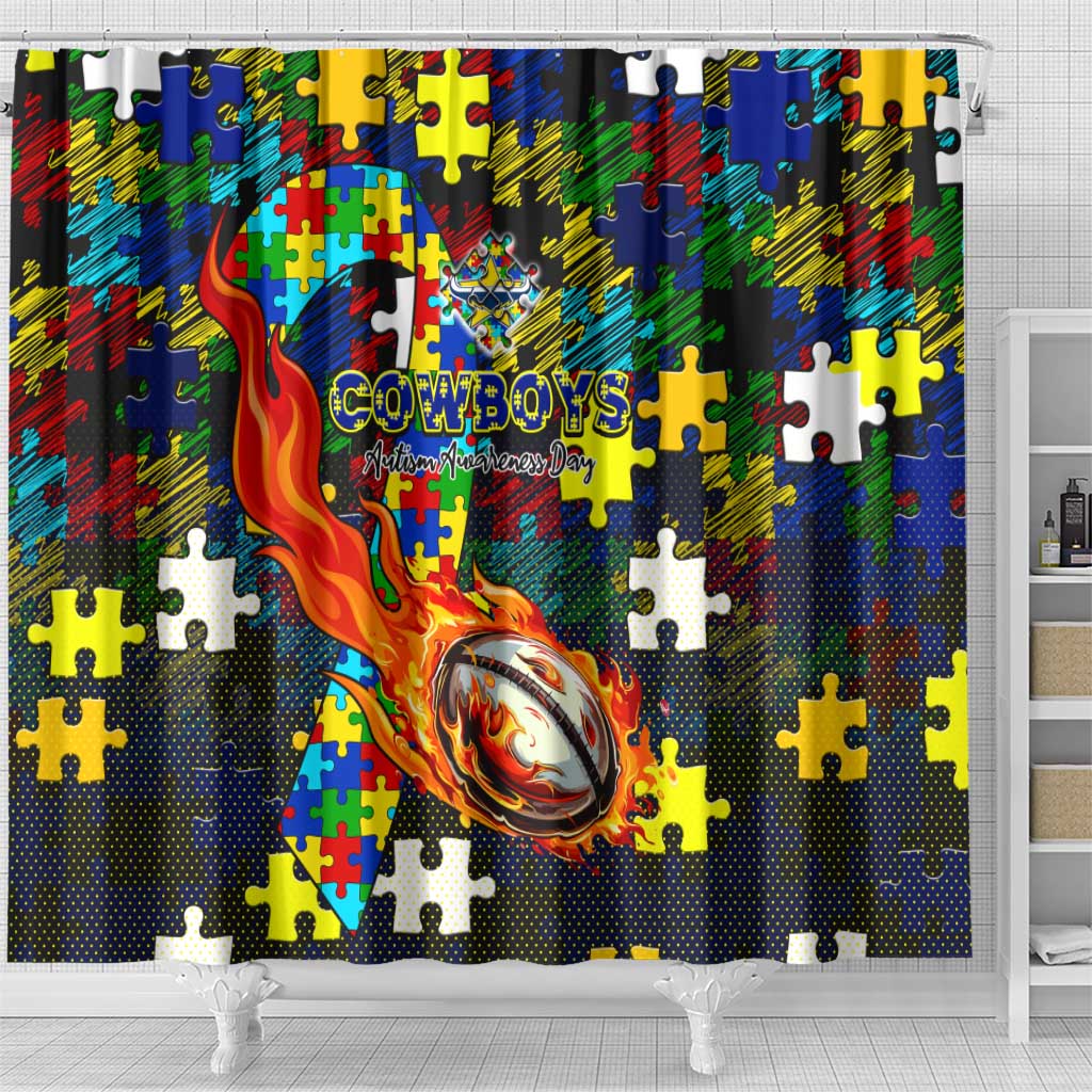 Cowboys Autism Awareness Shower Curtain Puzzle Flames Rugby Ball