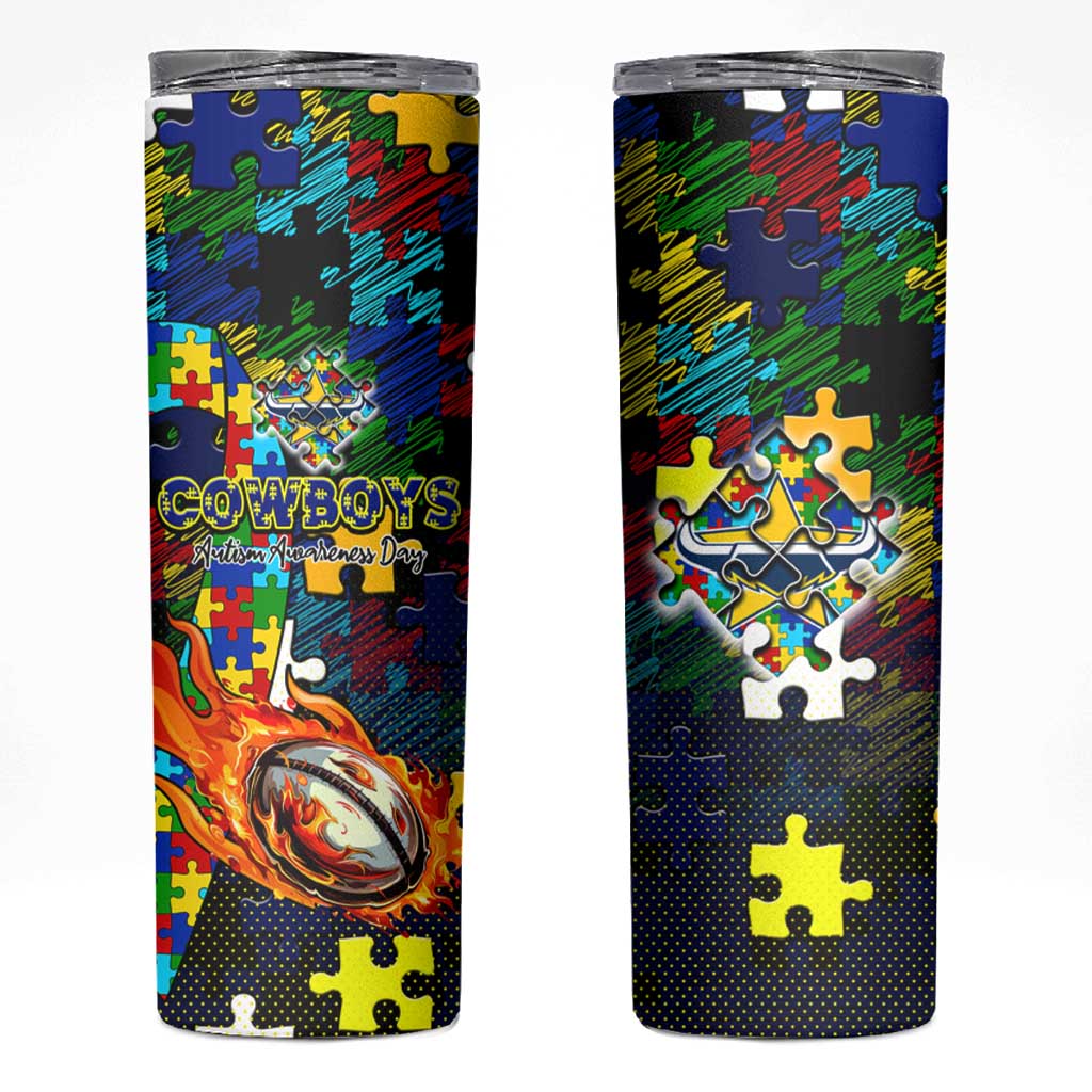 Cowboys Autism Awareness Skinny Tumbler Puzzle Flames Rugby Ball