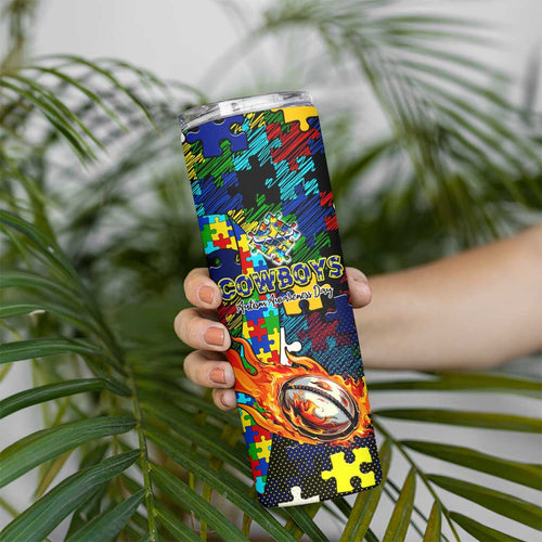 Cowboys Autism Awareness Skinny Tumbler Puzzle Flames Rugby Ball