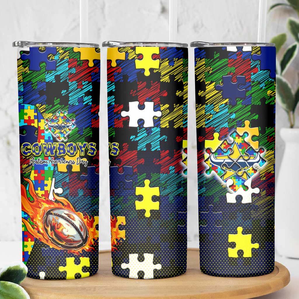 Cowboys Autism Awareness Skinny Tumbler Puzzle Flames Rugby Ball