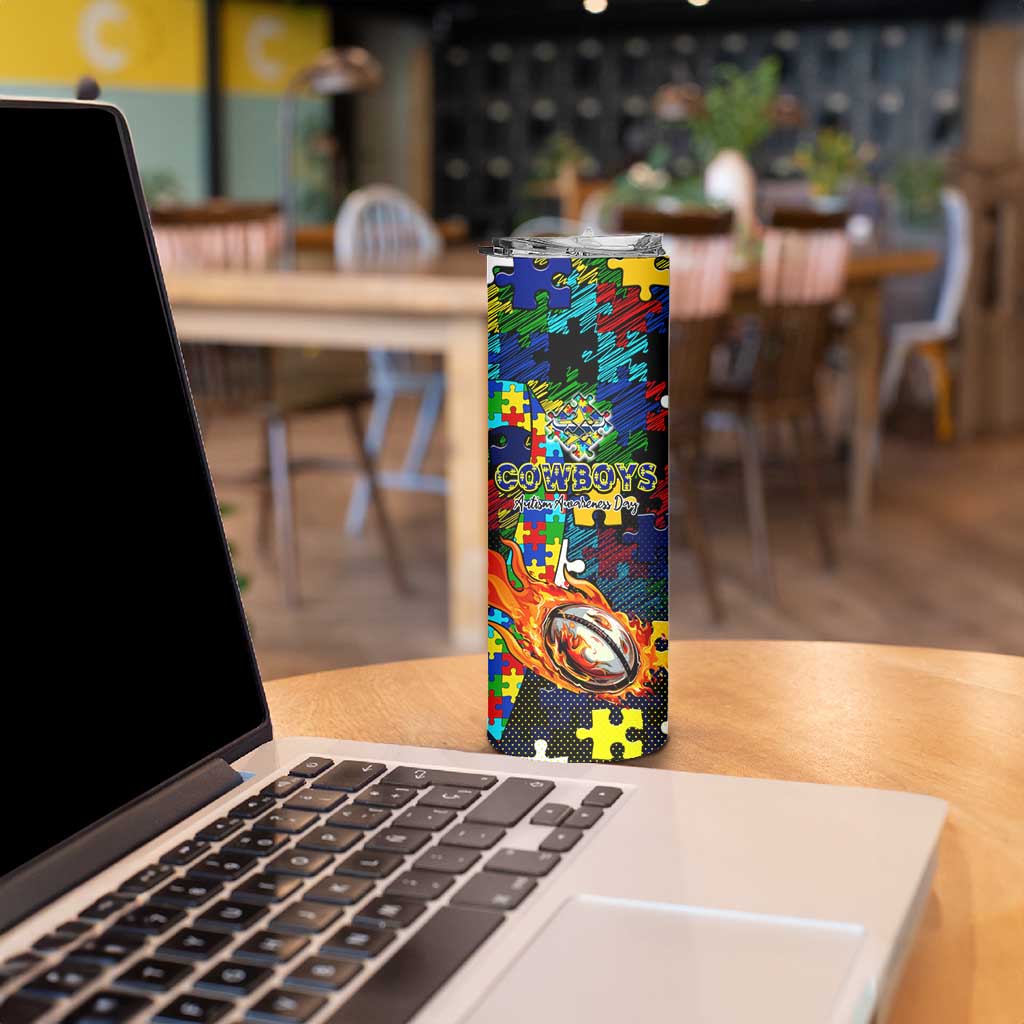 Cowboys Autism Awareness Skinny Tumbler Puzzle Flames Rugby Ball