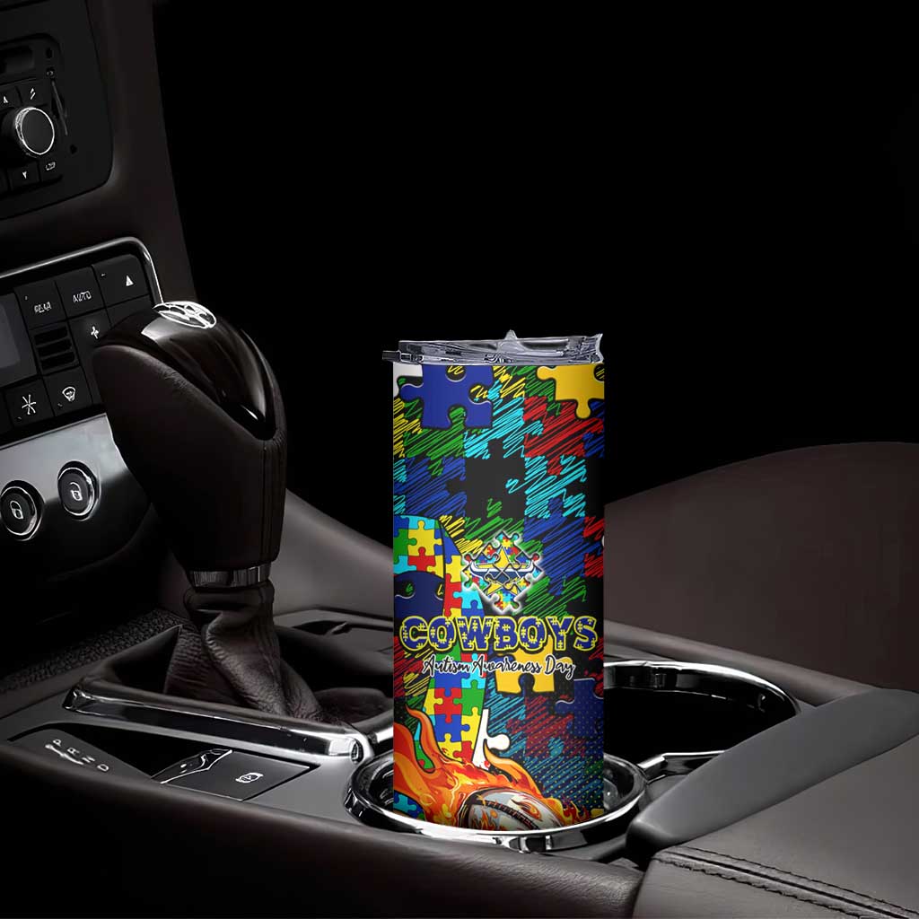 Cowboys Autism Awareness Skinny Tumbler Puzzle Flames Rugby Ball