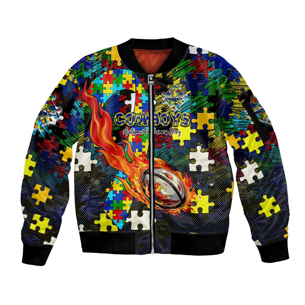Cowboys Autism Awareness Sleeve Zip Bomber Jacket Puzzle Flames Rugby Ball