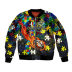 Cowboys Autism Awareness Sleeve Zip Bomber Jacket Puzzle Flames Rugby Ball