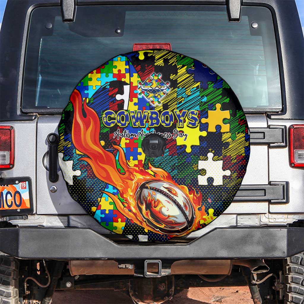 Cowboys Autism Awareness Spare Tire Cover Puzzle Flames Rugby Ball