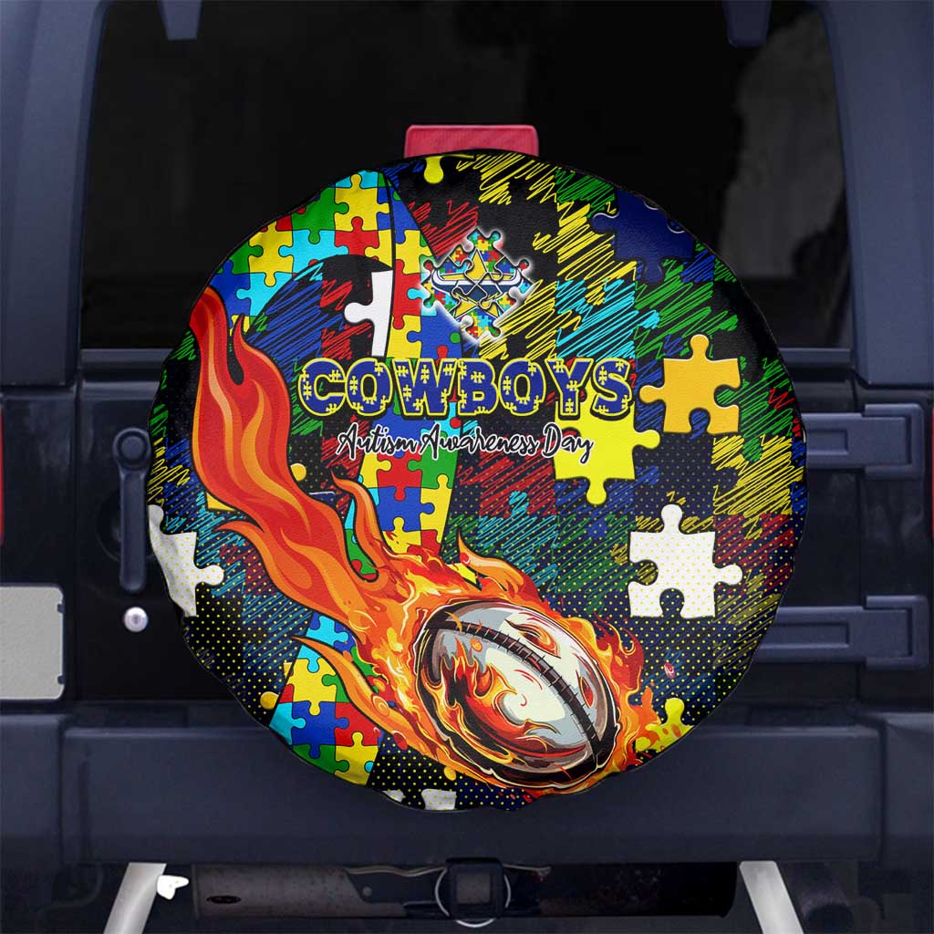 Cowboys Autism Awareness Spare Tire Cover Puzzle Flames Rugby Ball
