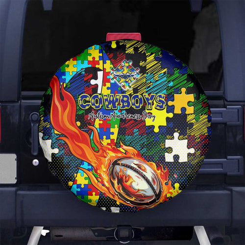 Cowboys Autism Awareness Spare Tire Cover Puzzle Flames Rugby Ball