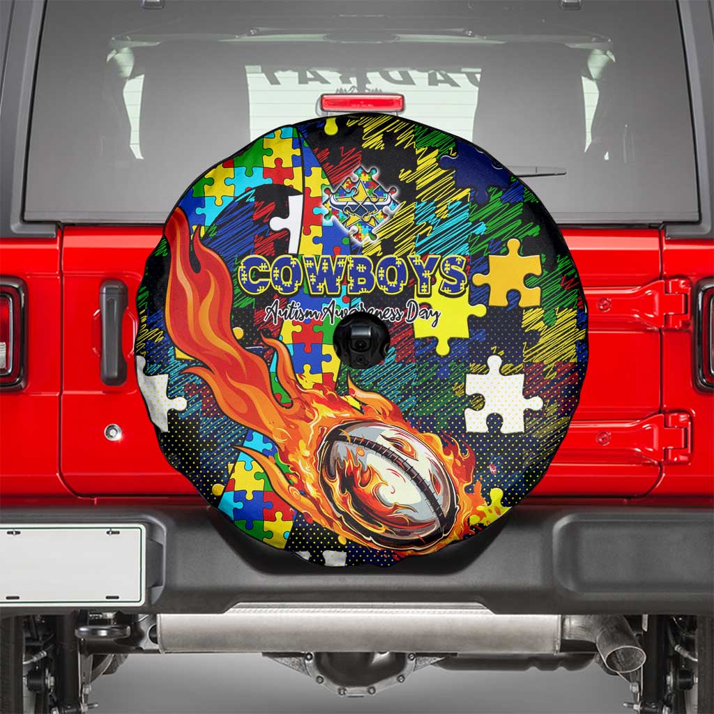 Cowboys Autism Awareness Spare Tire Cover Puzzle Flames Rugby Ball