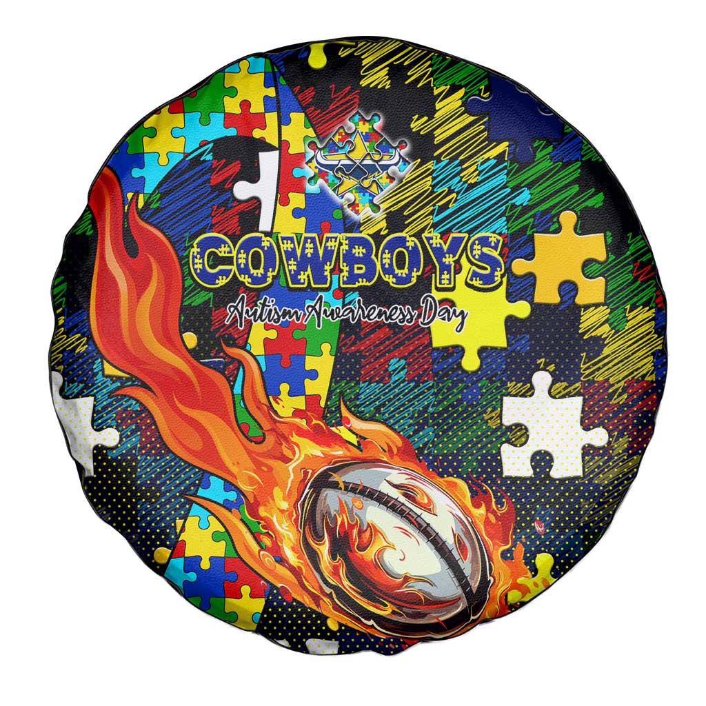 Cowboys Autism Awareness Spare Tire Cover Puzzle Flames Rugby Ball