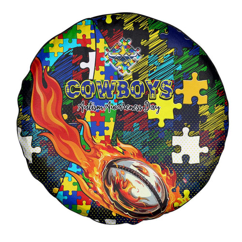 Cowboys Autism Awareness Spare Tire Cover Puzzle Flames Rugby Ball