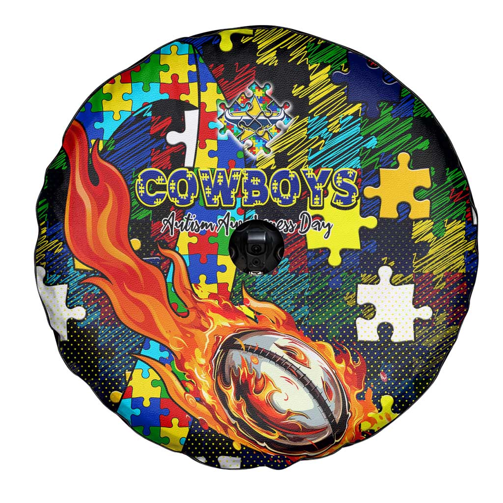 Cowboys Autism Awareness Spare Tire Cover Puzzle Flames Rugby Ball
