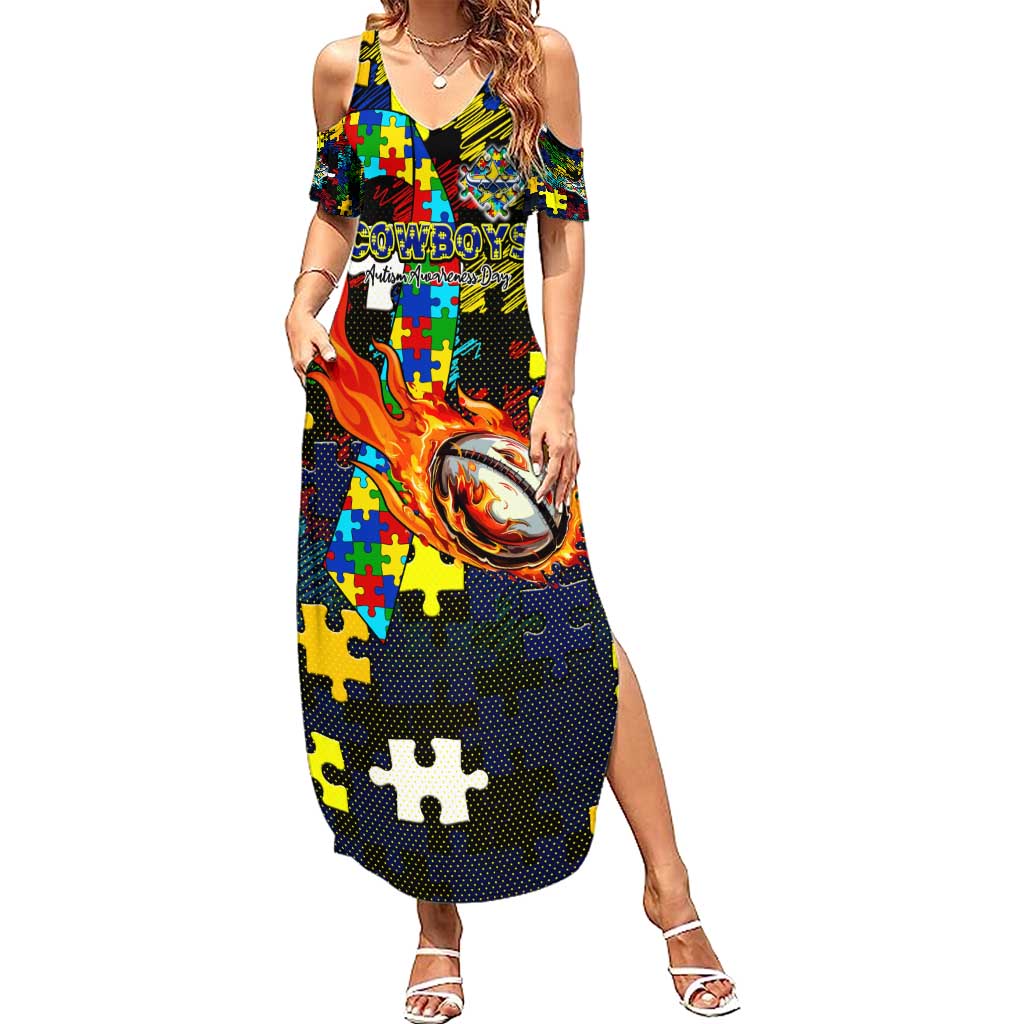 Cowboys Autism Awareness Summer Maxi Dress Puzzle Flames Rugby Ball