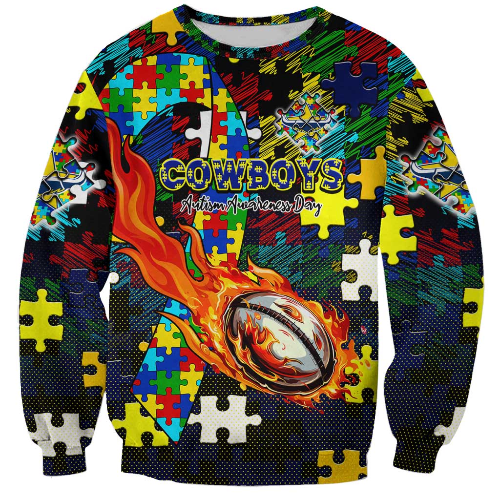 Cowboys Autism Awareness Sweatshirt Puzzle Flames Rugby Ball