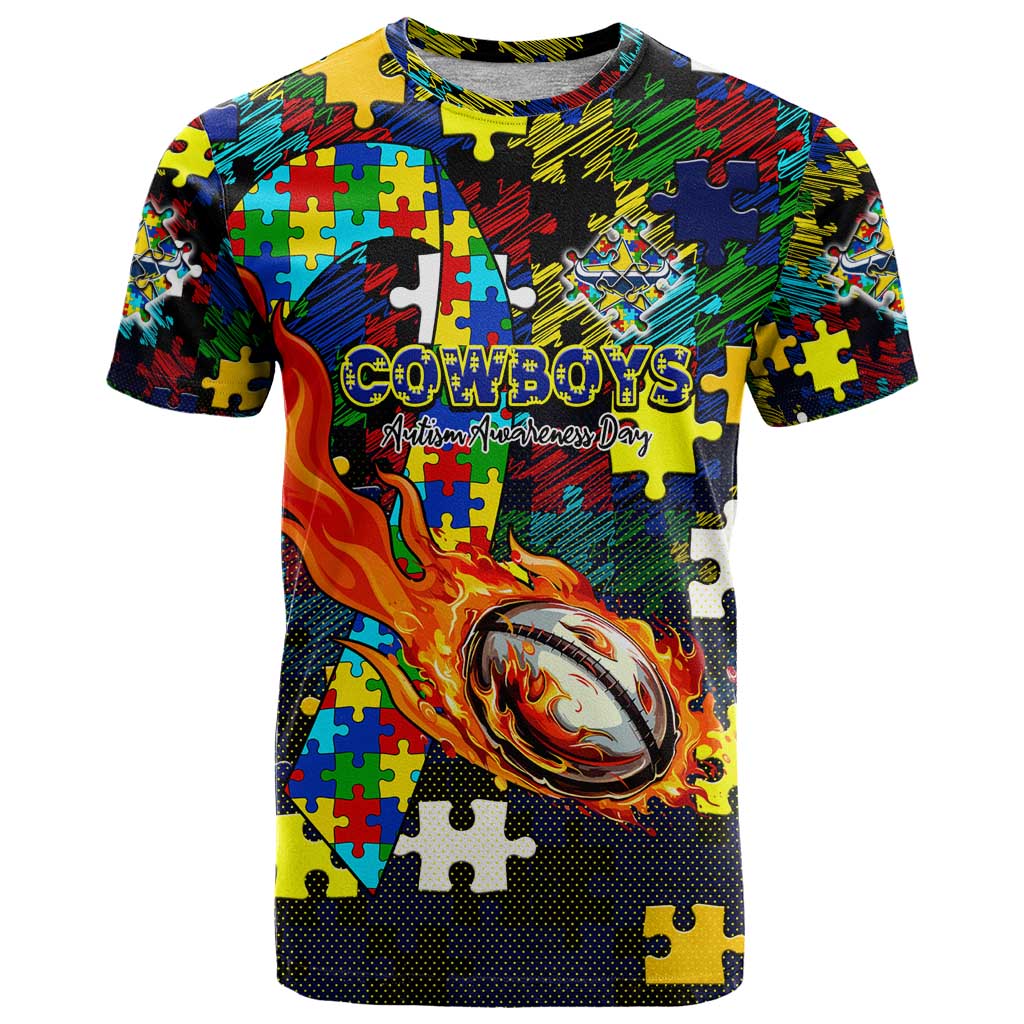 Cowboys Autism Awareness T Shirt Puzzle Flames Rugby Ball