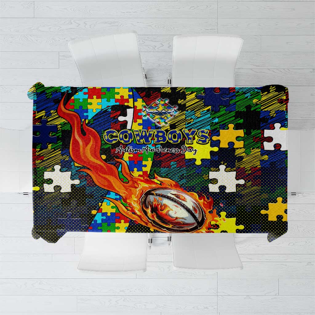 Cowboys Autism Awareness Tablecloth Puzzle Flames Rugby Ball