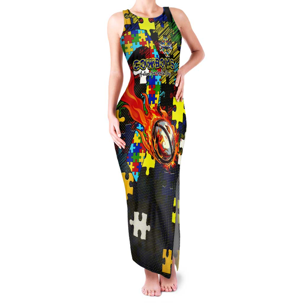Cowboys Autism Awareness Tank Maxi Dress Puzzle Flames Rugby Ball