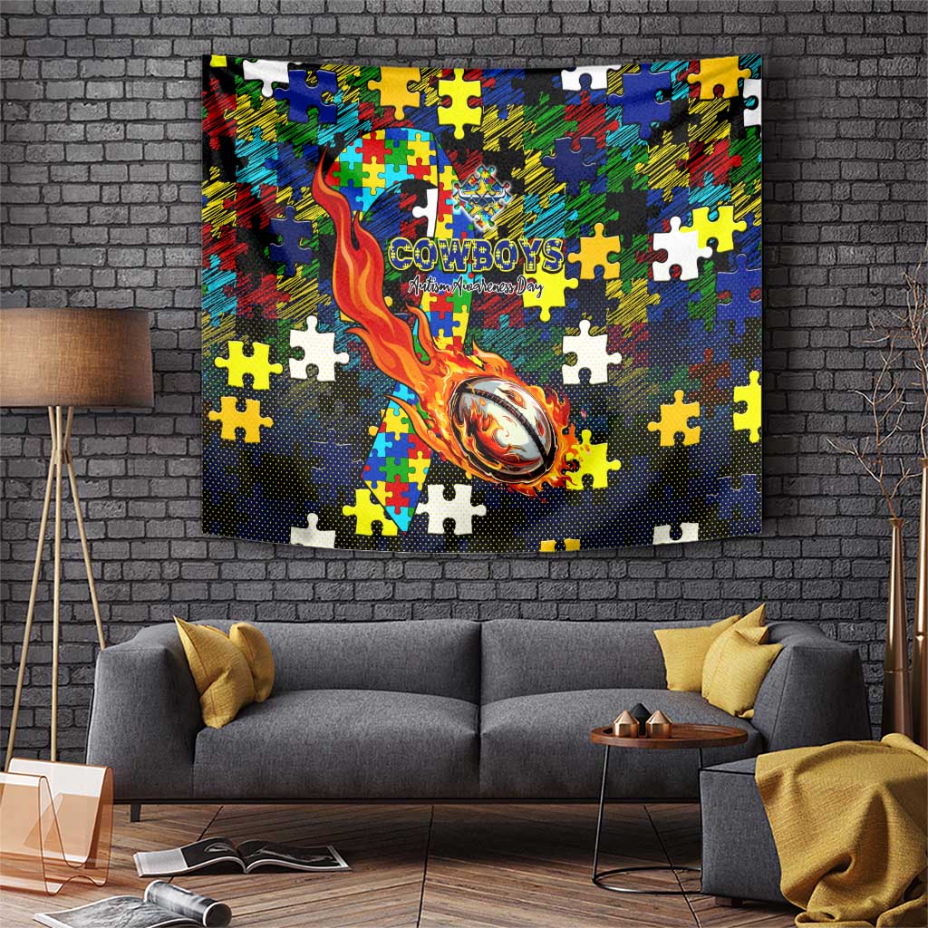 Cowboys Autism Awareness Tapestry Puzzle Flames Rugby Ball