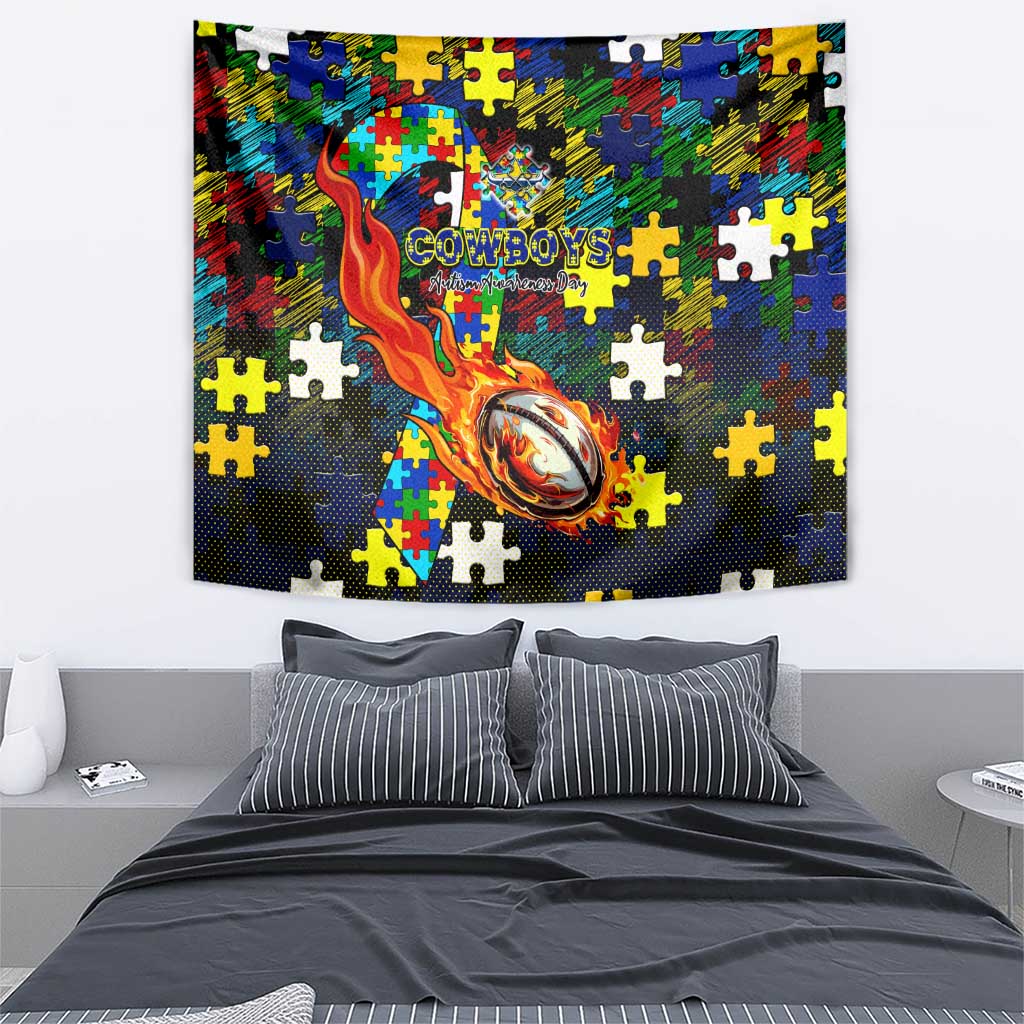 Cowboys Autism Awareness Tapestry Puzzle Flames Rugby Ball