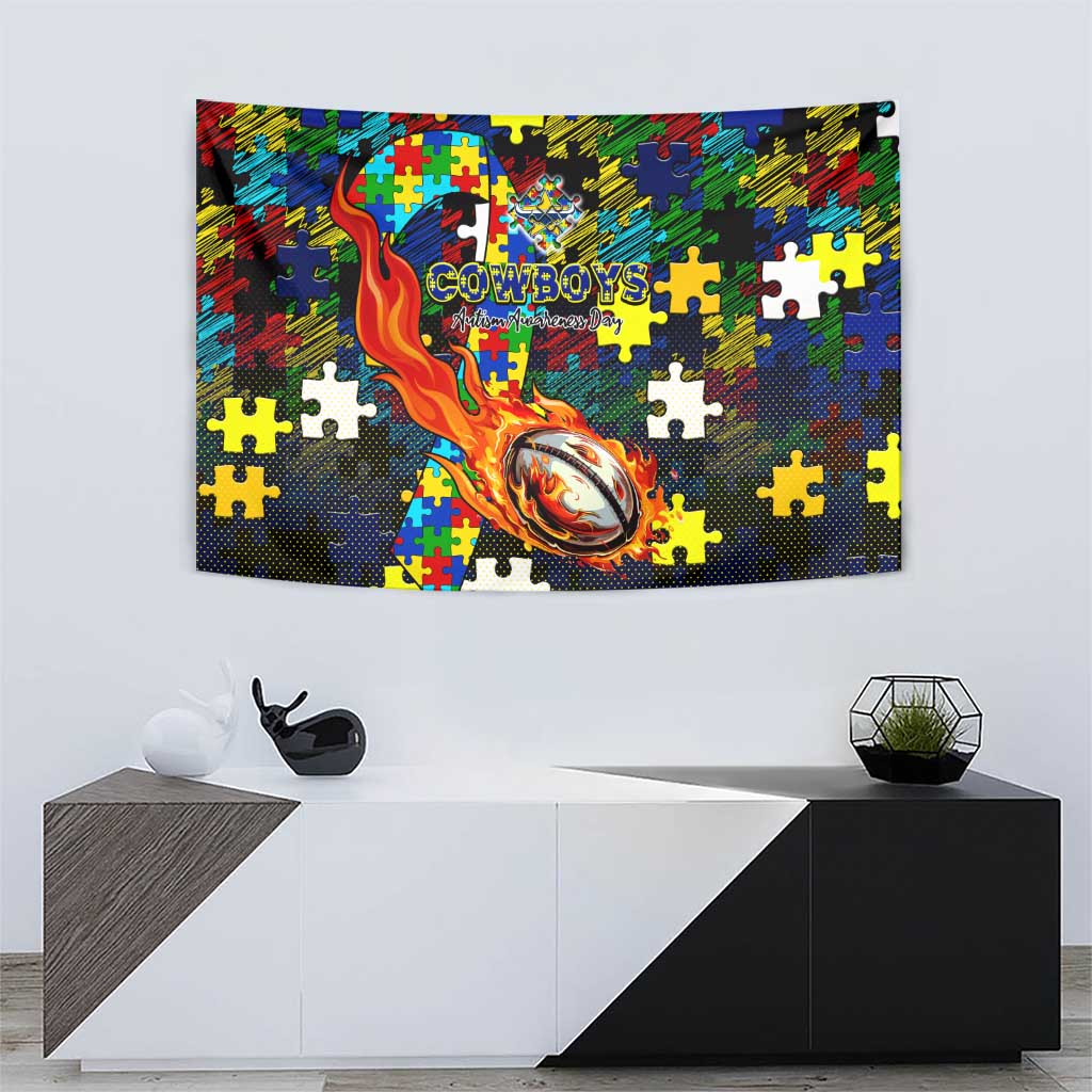 Cowboys Autism Awareness Tapestry Puzzle Flames Rugby Ball