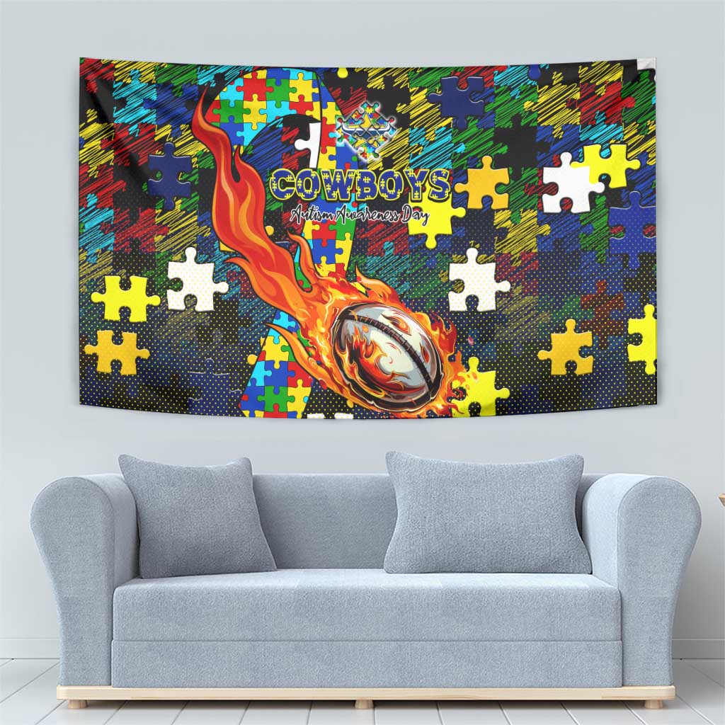 Cowboys Autism Awareness Tapestry Puzzle Flames Rugby Ball
