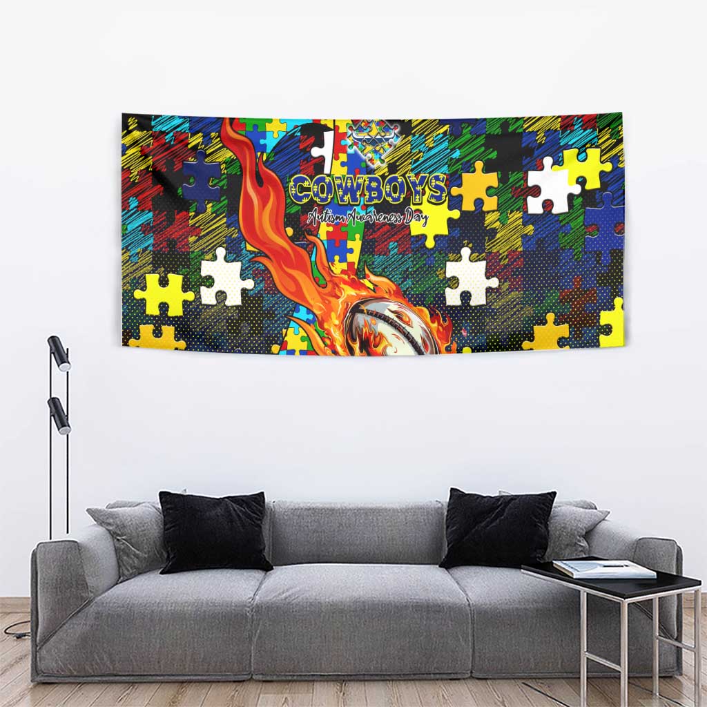 Cowboys Autism Awareness Tapestry Puzzle Flames Rugby Ball