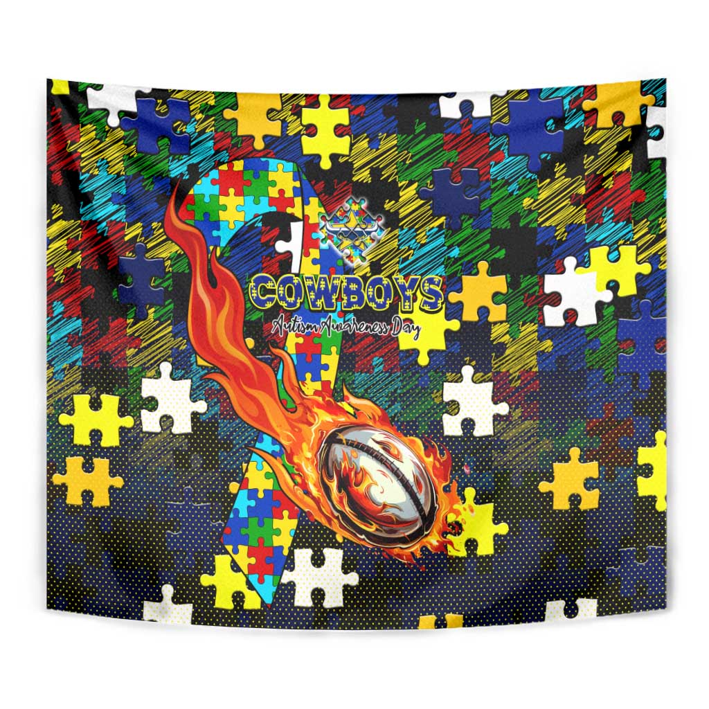 Cowboys Autism Awareness Tapestry Puzzle Flames Rugby Ball