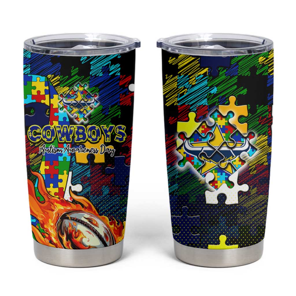 Cowboys Autism Awareness Tumbler Cup Puzzle Flames Rugby Ball