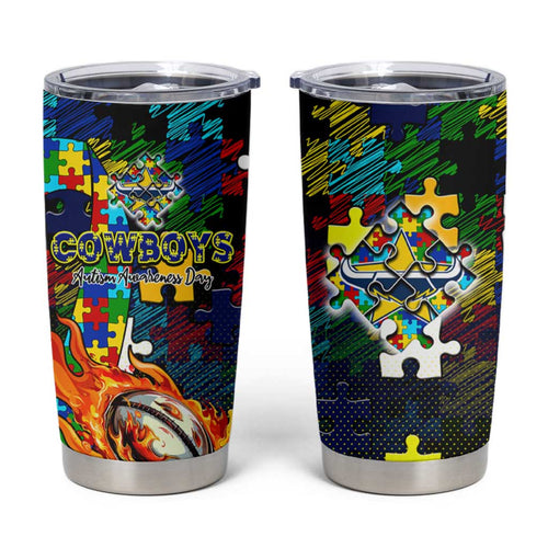 Cowboys Autism Awareness Tumbler Cup Puzzle Flames Rugby Ball