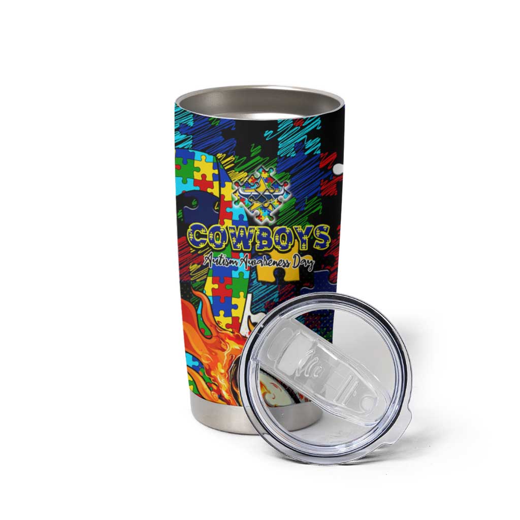 Cowboys Autism Awareness Tumbler Cup Puzzle Flames Rugby Ball
