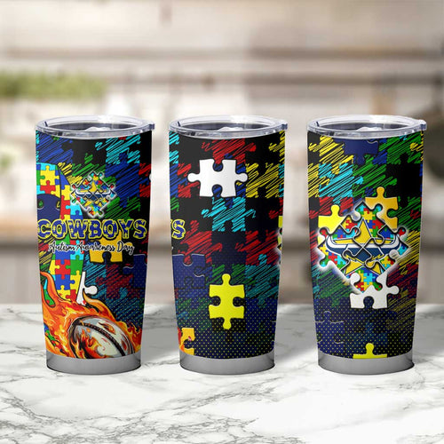 Cowboys Autism Awareness Tumbler Cup Puzzle Flames Rugby Ball