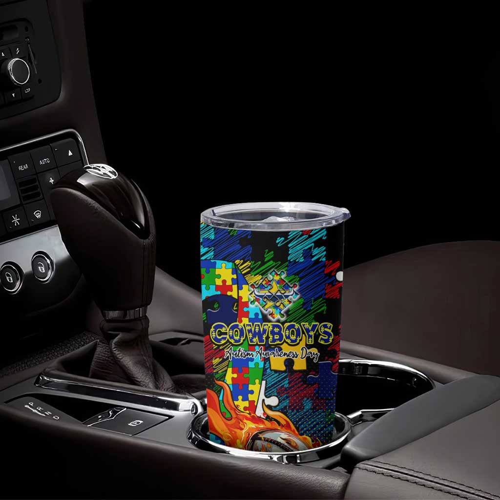 Cowboys Autism Awareness Tumbler Cup Puzzle Flames Rugby Ball
