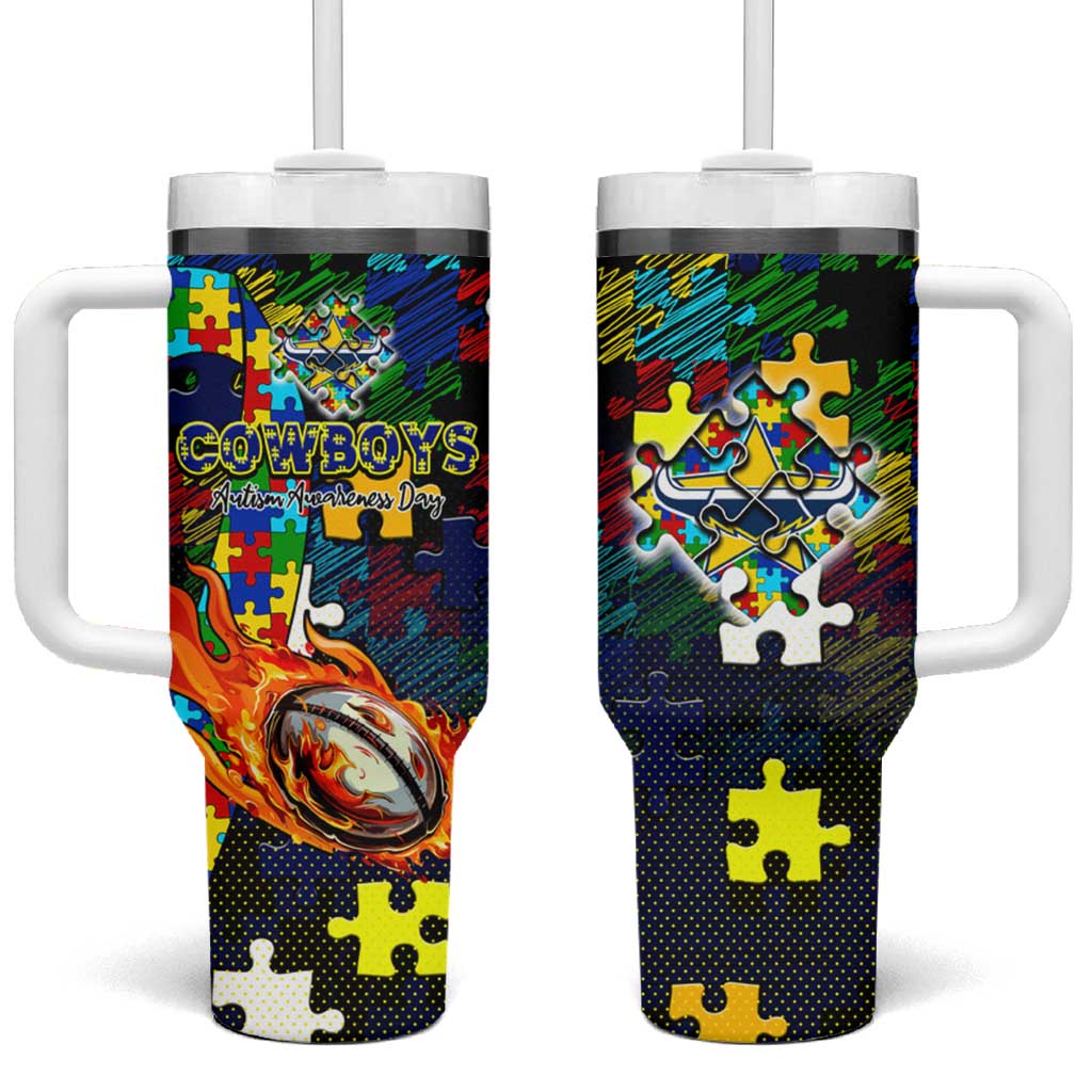Cowboys Autism Awareness Tumbler With Handle Puzzle Flames Rugby Ball