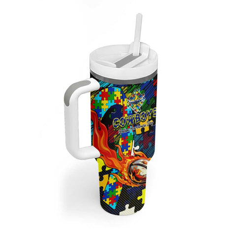 Cowboys Autism Awareness Tumbler With Handle Puzzle Flames Rugby Ball